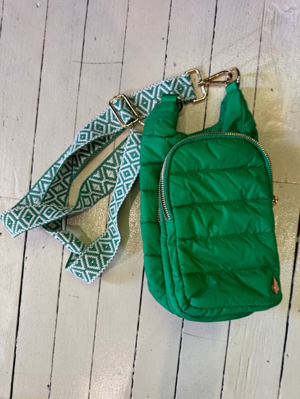 Green Quilted Crossbody Bag with Patterned Strap